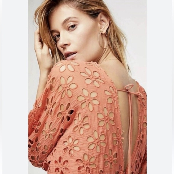 Free People Bella Note Eyelet Mini Lined Flutter Dress. Terracotta Size S #1877 - Picture 3 of 9